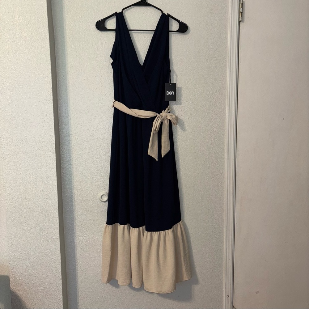 DKNY Navy and Cream Maxi Dress with Tie Waist